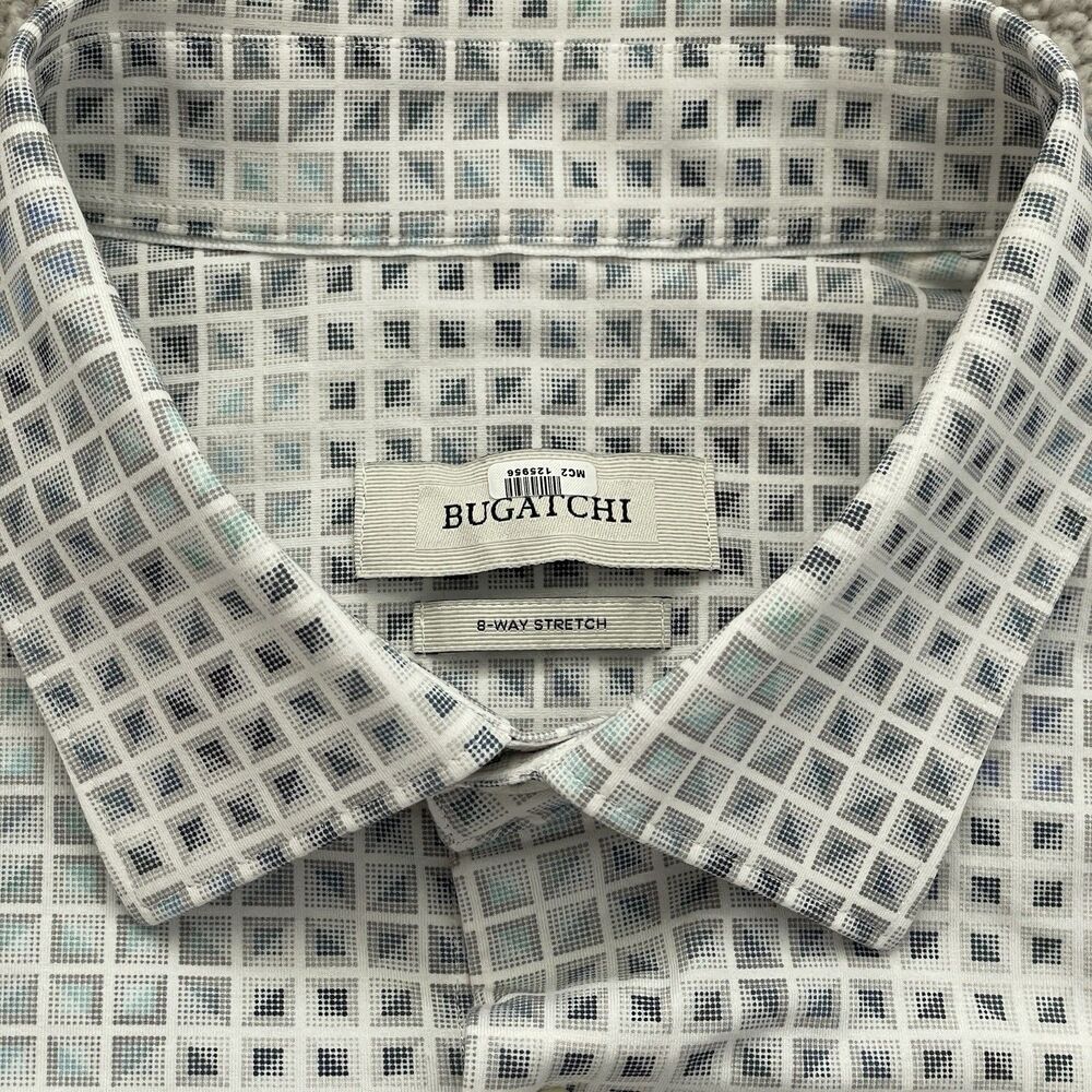 Bugatchi Shirt Mens XL Geometric Button Up 8 Way Stretch Long Sleeve White Gray - Picture 3 of 8